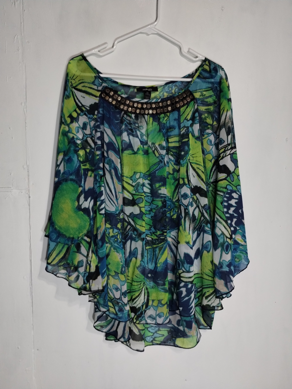 Style & Co. Green and Blue Printed Flowing Blouse with Beaded Neckline